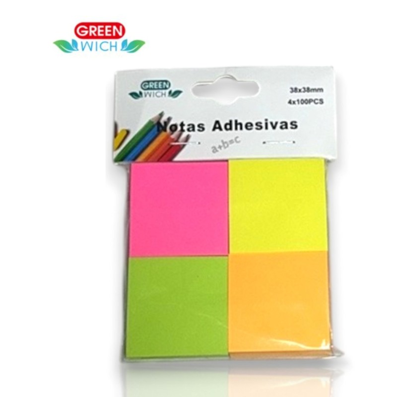 NOTAS ADHESIVAS 4 COLORES 38X38MM 4X100 UN. (GREEN WICH)