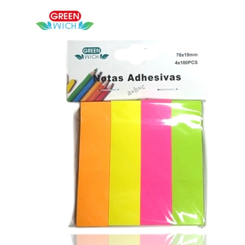 NOTAS ADHESIVAS 4 COLORES 76X19MM 4X100 UN. (GREEN WICH)